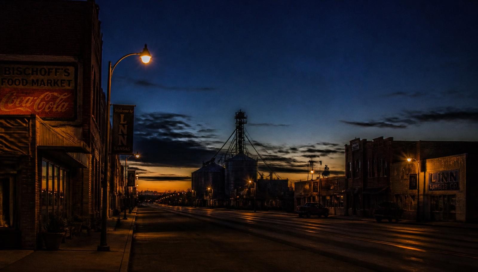 Main Street in Andale, Kansas at dusk